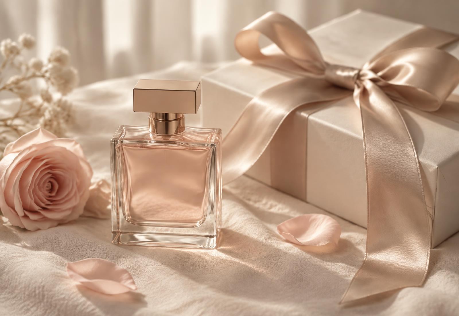 Flacon de parfum et coffret cadeau noué d'un ruban satiné